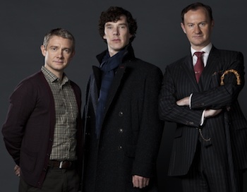 Sherlock (Benedict Cumberbatch), John Watson (Martin Freeman) and Mycroft Holmes